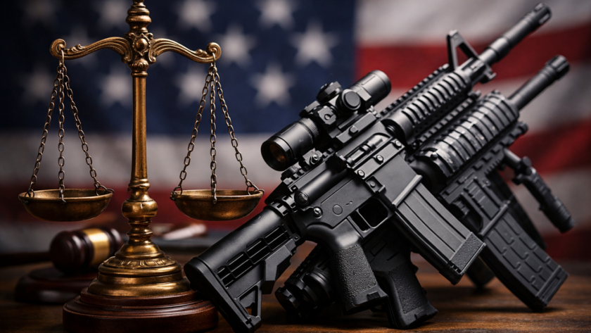 AR-15 rifles beside scales of justice representing legal battles over assault weapon bans in 2026