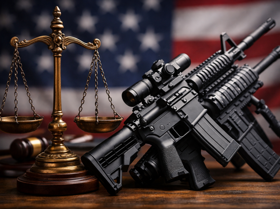 AR-15 rifles beside scales of justice representing legal battles over assault weapon bans in 2026