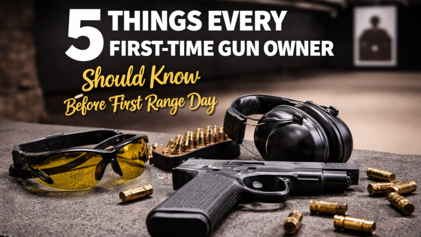 First-time gun owner firearm safety tips with handgun, eye protection, hearing protection, and range gear setup