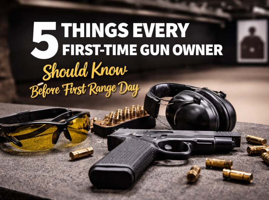 First-time gun owner firearm safety tips with handgun, eye protection, hearing protection, and range gear setup