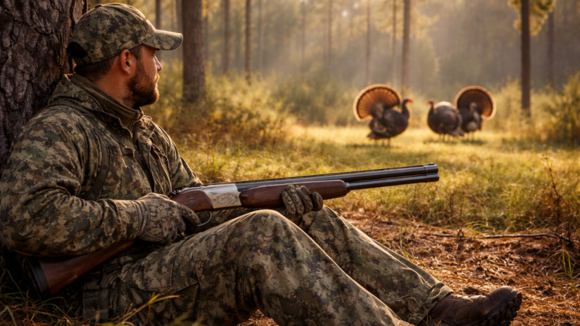 Hunter sitting against a tree in Florida woods during turkey season holding a Beretta 686 Silver Pigeon shotgun watching gobblers in a clearing