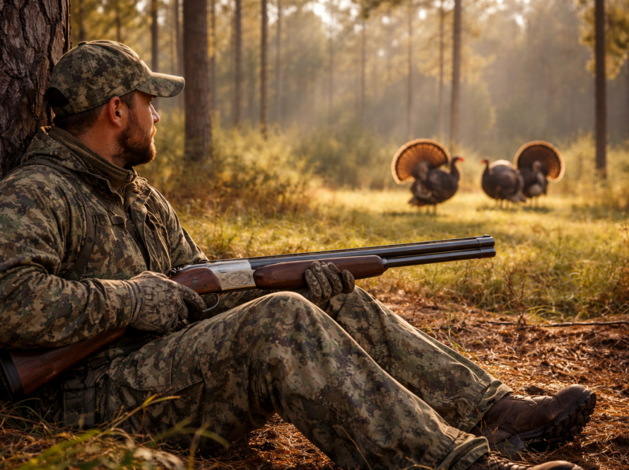 Hunter sitting against a tree in Florida woods during turkey season holding a Beretta 686 Silver Pigeon shotgun watching gobblers in a clearing