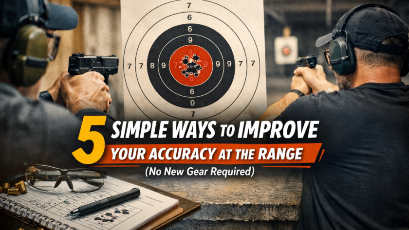 Shooter practicing accuracy at a shooting range with tight target grouping and proper stance