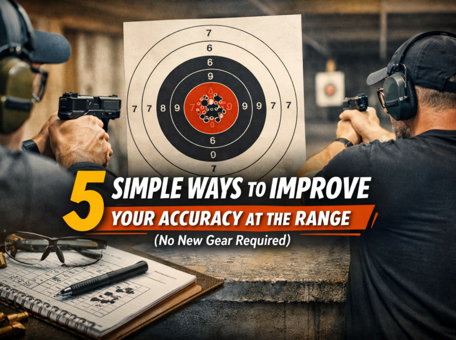 Shooter practicing accuracy at a shooting range with tight target grouping and proper stance