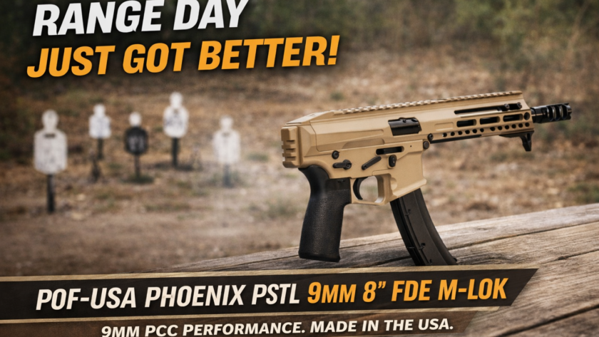 POF Phoenix PSTL 9mm 8 inch FDE MLOK pistol caliber carbine on shooting range