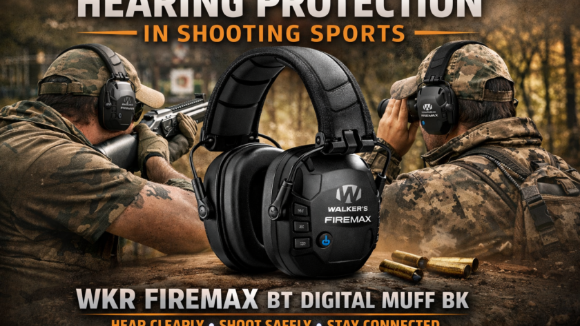 WKR FIREMAX BT Digital Muff BK electronic hearing protection worn by shooters at range and in hunting environment