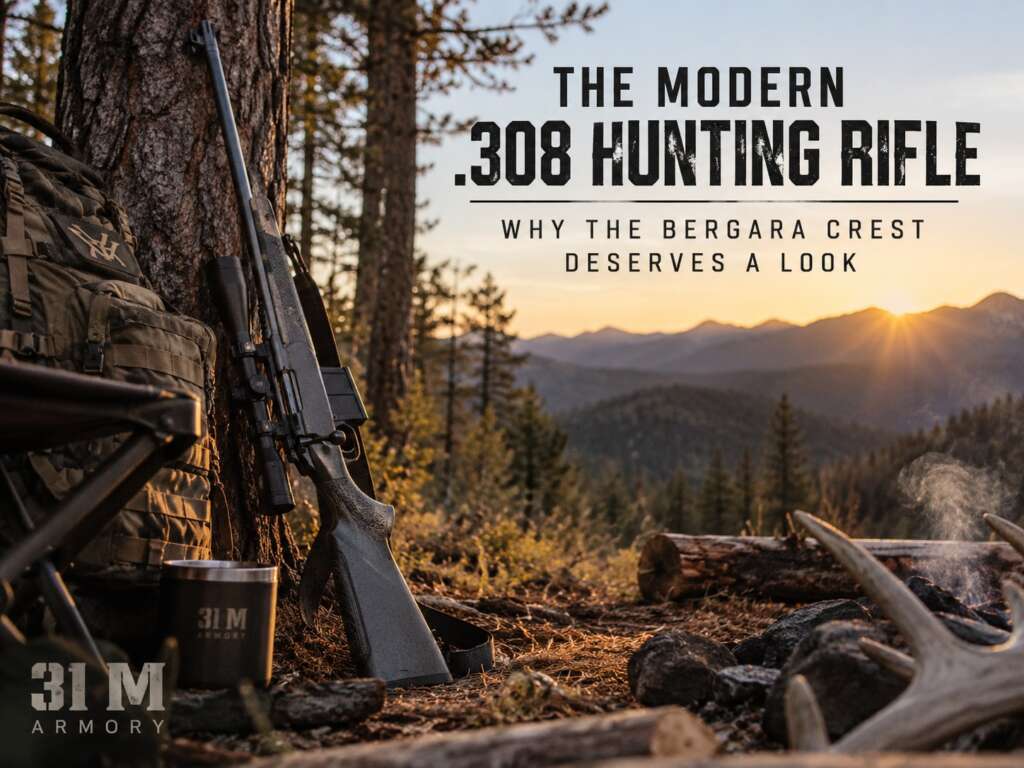 Bergara Crest .308 Winchester hunting rifle at a hunting camp in the woods