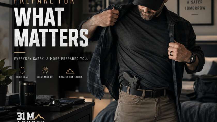 Man preparing for everyday carry with a concealed carry handgun and EDC gear