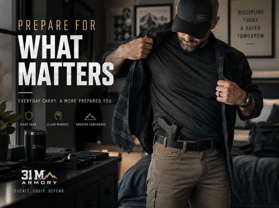 Man preparing for everyday carry with a concealed carry handgun and EDC gear