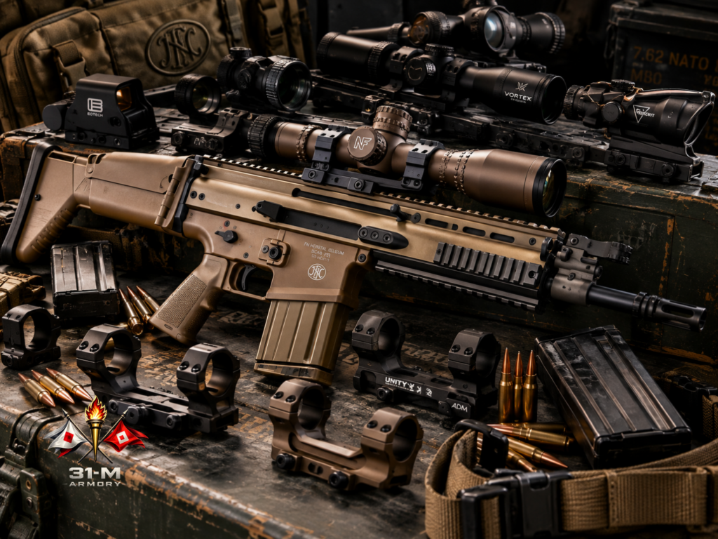 FN SCAR 17S rifle with optics, scope mounts and accessories
