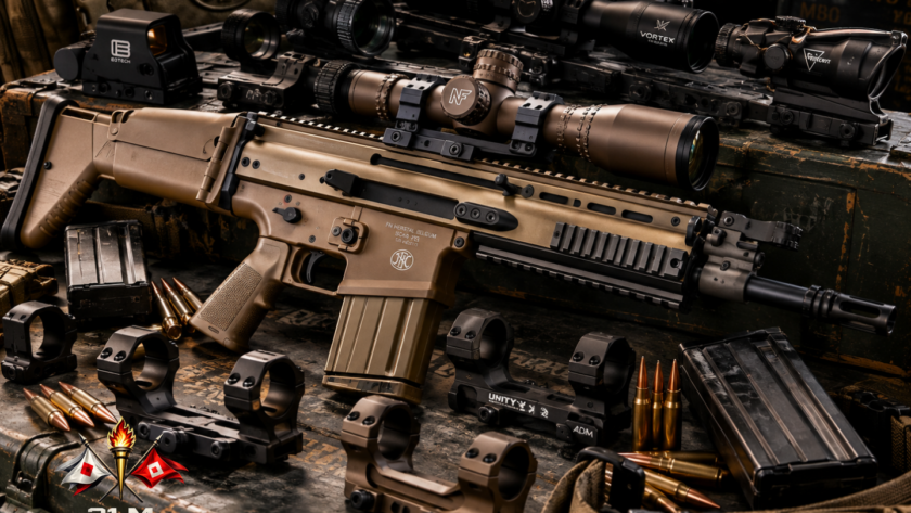 FN SCAR 17S rifle with optics, scope mounts and accessories