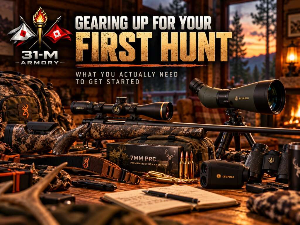 First hunting setup with hunting rifle, rifle scope, spotting scope and essential hunting gear