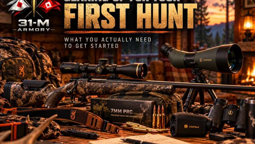 First hunting setup with hunting rifle, rifle scope, spotting scope and essential hunting gear