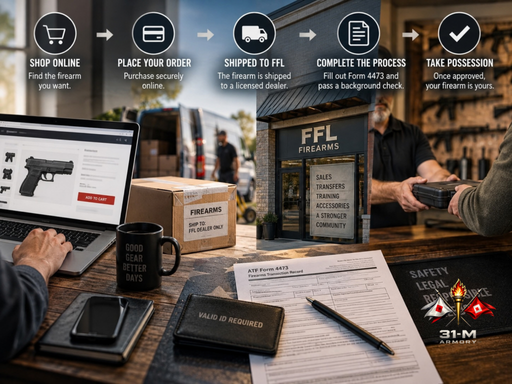 Illustration showing how an FFL transfer works when buying a gun online, from online purchase and shipping to a licensed FFL dealer through paperwork and firearm pickup.
