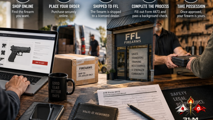 Illustration showing how an FFL transfer works when buying a gun online, from online purchase and shipping to a licensed FFL dealer through paperwork and firearm pickup.